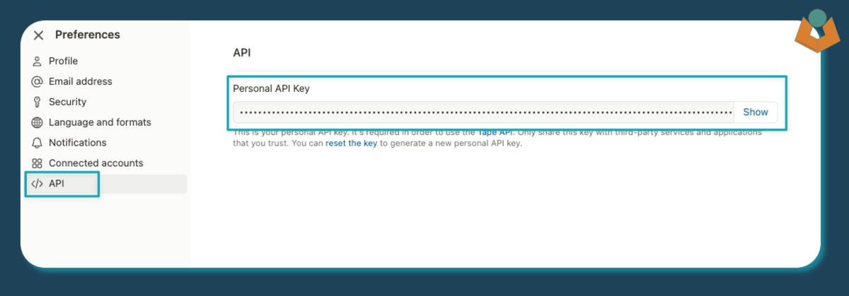 Tape API key location in account preferences
