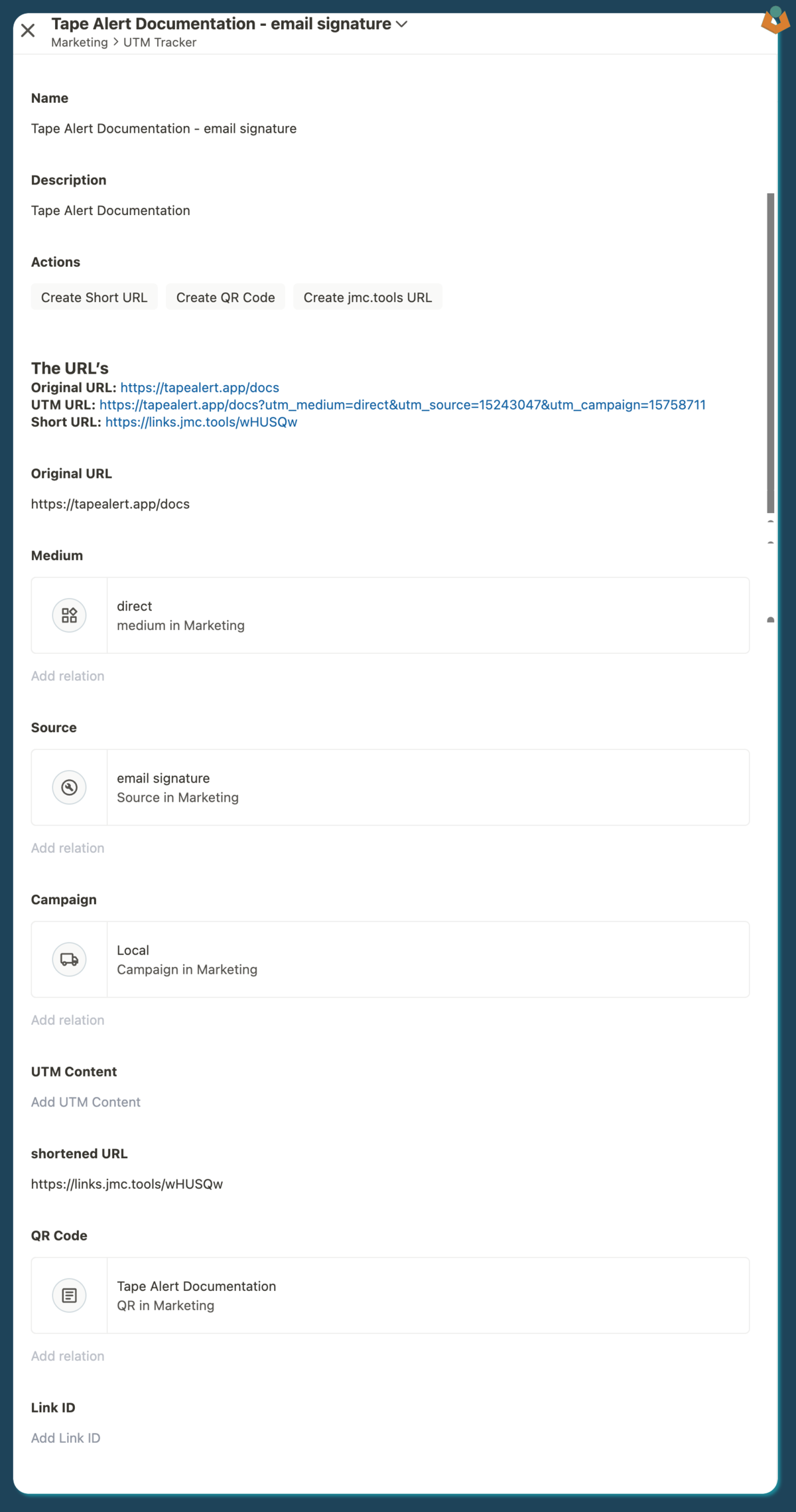A Tape record showing campaign link, short URL, and QR codes